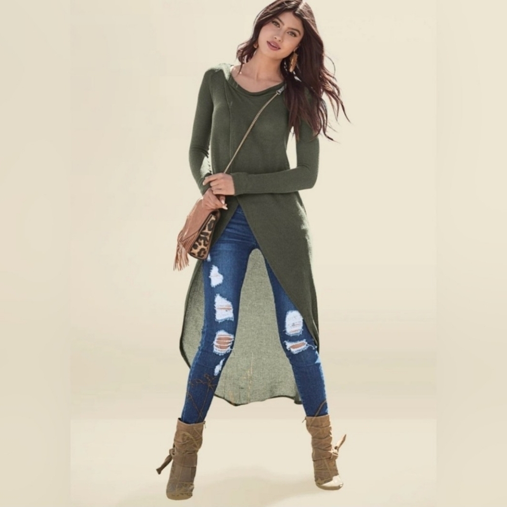VENUS Long Sleeve Olive Knit Sweater Hi-low Split Front Boat Neck Floor Length L